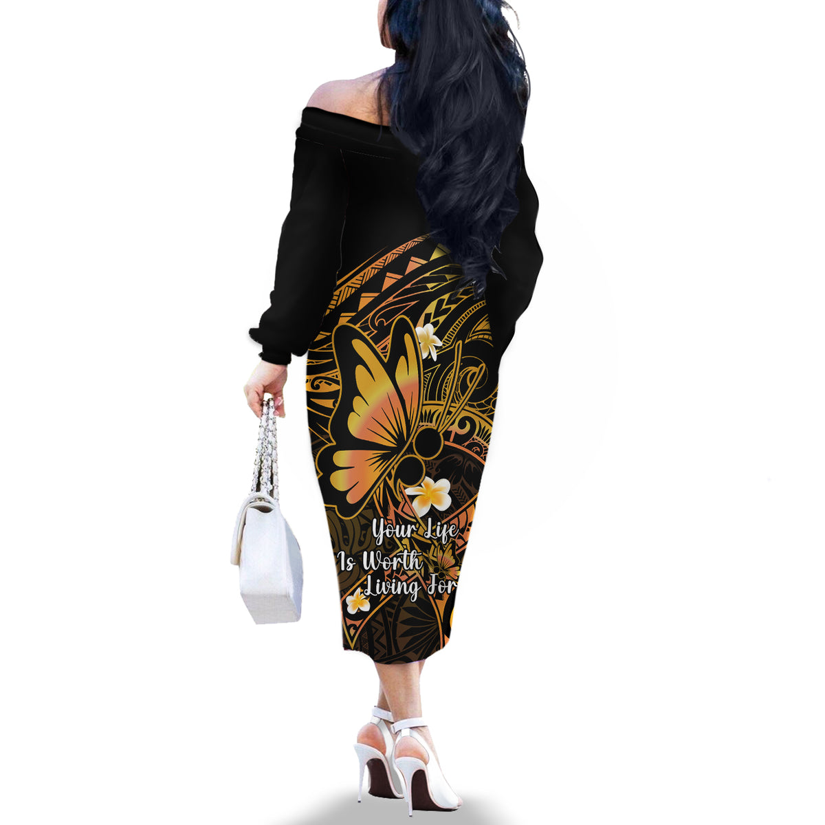Polynesia Suicide Prevention Awareness Off The Shoulder Long Sleeve Dress Your Life Is Worth Living For Polynesian Gold Pattern LT14 - Polynesian Pride