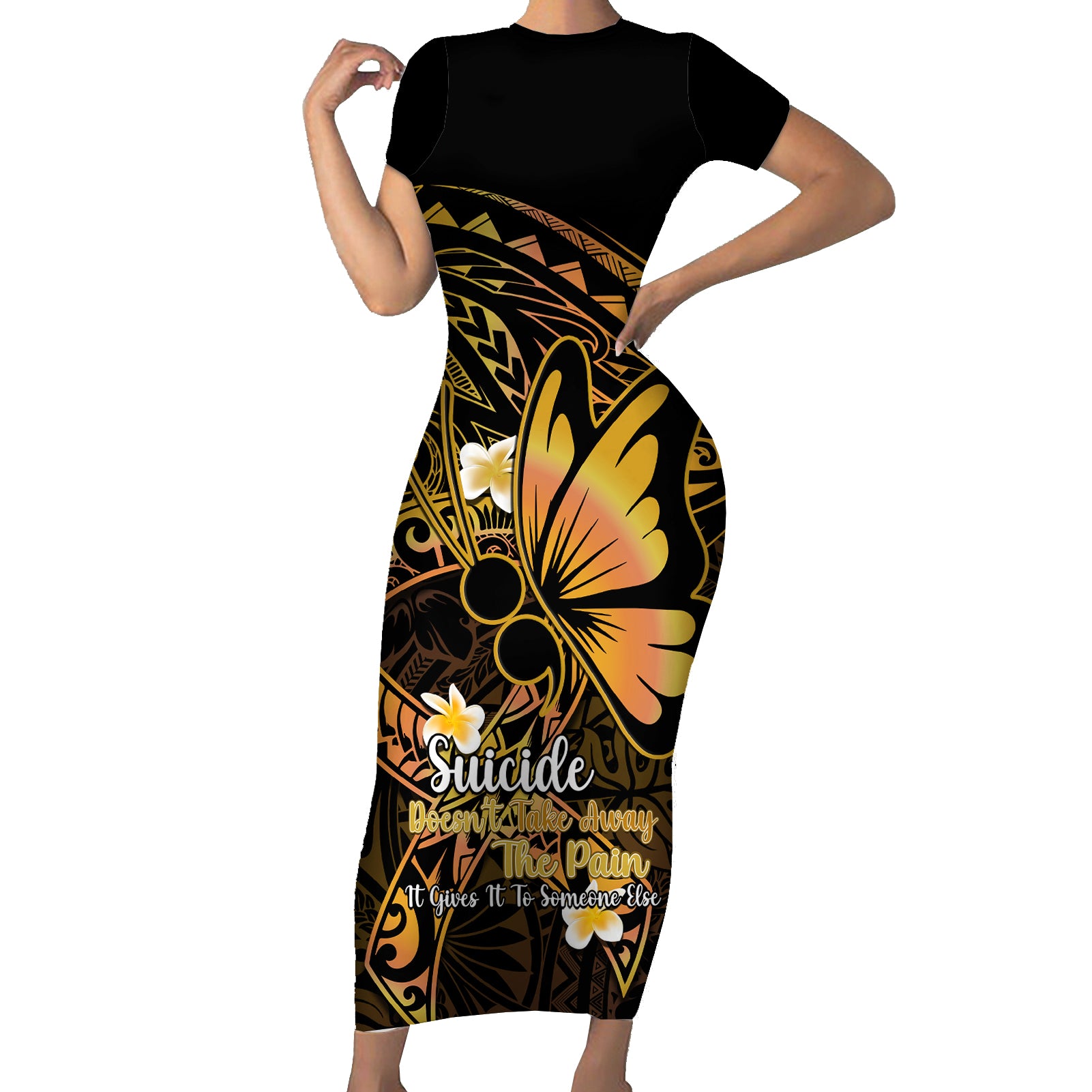 Polynesia Suicide Prevention Awareness Short Sleeve Bodycon Dress Your Life Is Worth Living For Polynesian Gold Pattern LT14 Long Dress Gold - Polynesian Pride