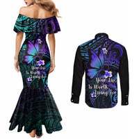 Polynesia Suicide Prevention Awareness Couples Matching Mermaid Dress and Long Sleeve Button Shirts Your Life Is Worth Living For Polynesian Purple Pattern LT14 - Polynesian Pride