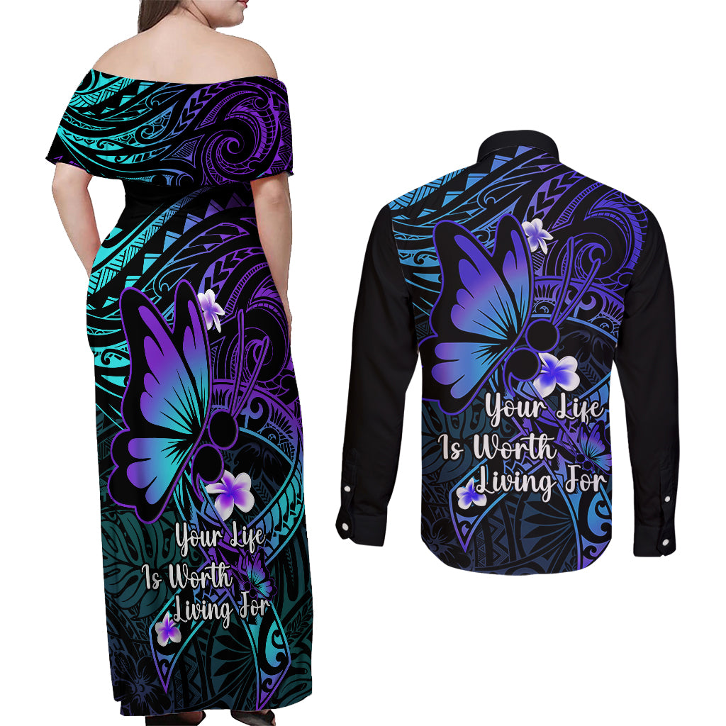 Polynesia Suicide Prevention Awareness Couples Matching Off Shoulder Maxi Dress and Long Sleeve Button Shirts Your Life Is Worth Living For Polynesian Purple Pattern LT14 - Polynesian Pride
