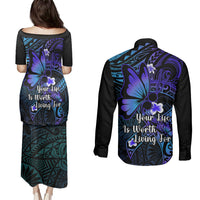 Polynesia Suicide Prevention Awareness Couples Matching Puletasi Dress and Long Sleeve Button Shirts Your Life Is Worth Living For Polynesian Purple Pattern LT14 - Polynesian Pride