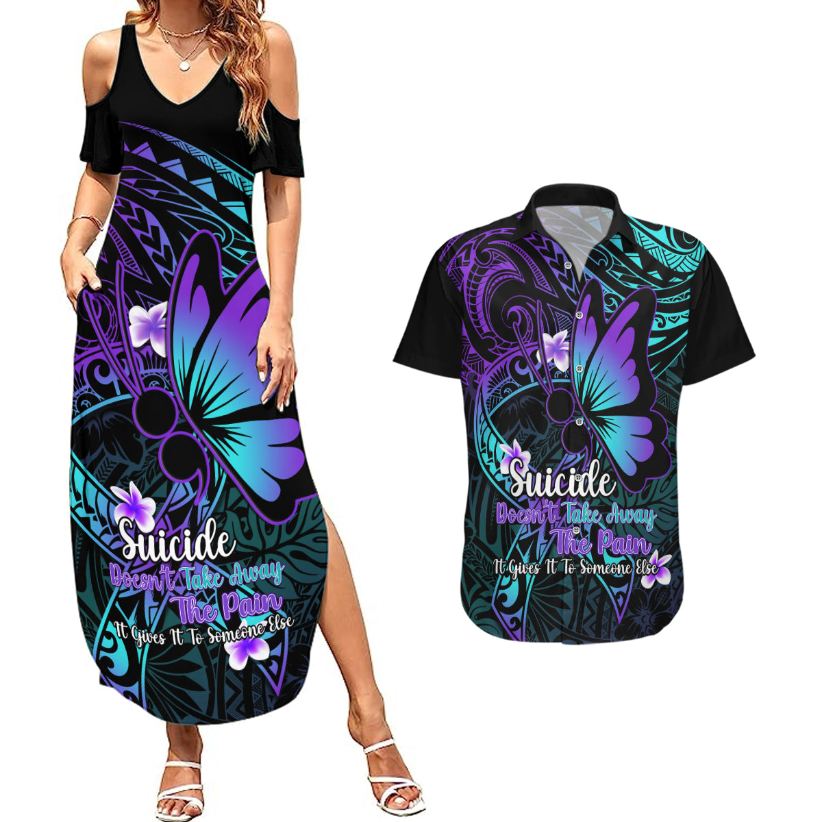 Polynesia Suicide Prevention Awareness Couples Matching Summer Maxi Dress and Hawaiian Shirt Your Life Is Worth Living For Polynesian Purple Pattern LT14 Purple - Polynesian Pride