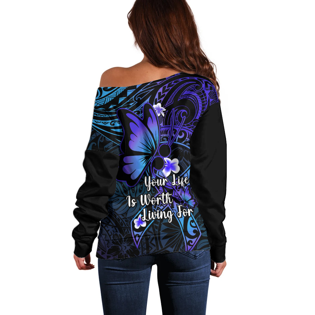 Polynesia Suicide Prevention Awareness Off Shoulder Sweater Your Life Is Worth Living For Polynesian Purple Pattern LT14 - Polynesian Pride