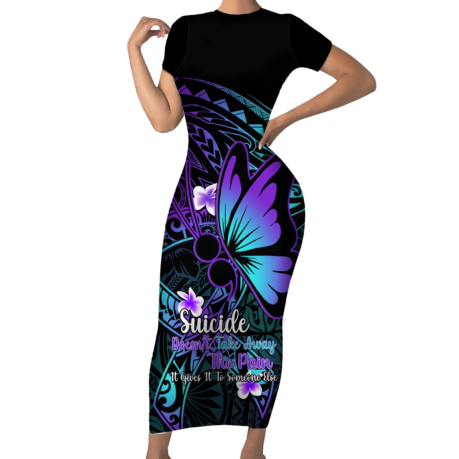 Polynesia Suicide Prevention Awareness Short Sleeve Bodycon Dress Your Life Is Worth Living For Polynesian Purple Pattern LT14 Long Dress Purple - Polynesian Pride