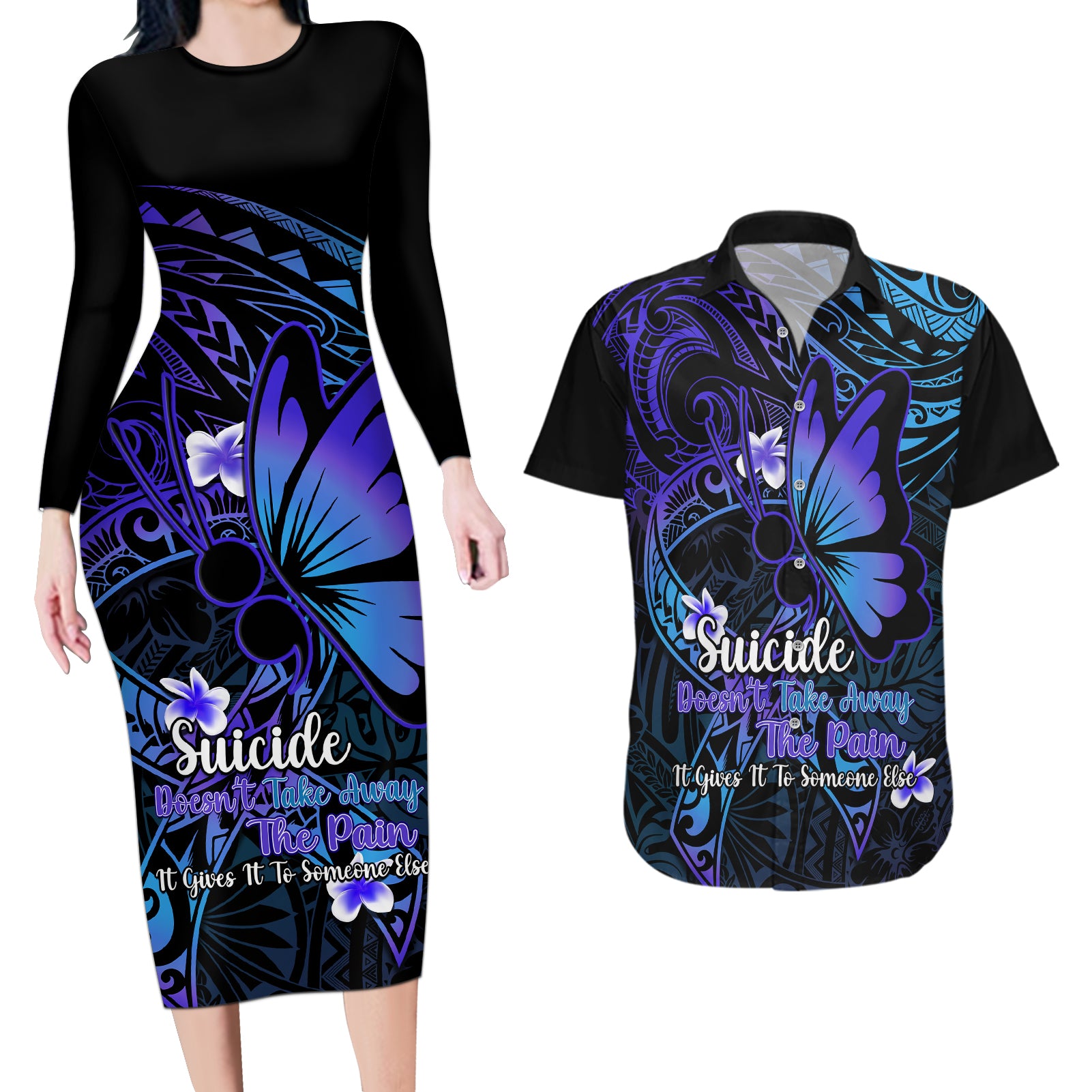 Polynesia Suicide Prevention Awareness Couples Matching Long Sleeve Bodycon Dress and Hawaiian Shirt Your Life Is Worth Living For Polynesian Blue Pattern LT14 Gold - Polynesian Pride