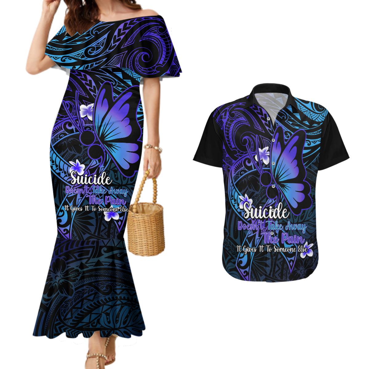 Polynesia Suicide Prevention Awareness Couples Matching Mermaid Dress and Hawaiian Shirt Your Life Is Worth Living For Polynesian Blue Pattern LT14 Gold - Polynesian Pride