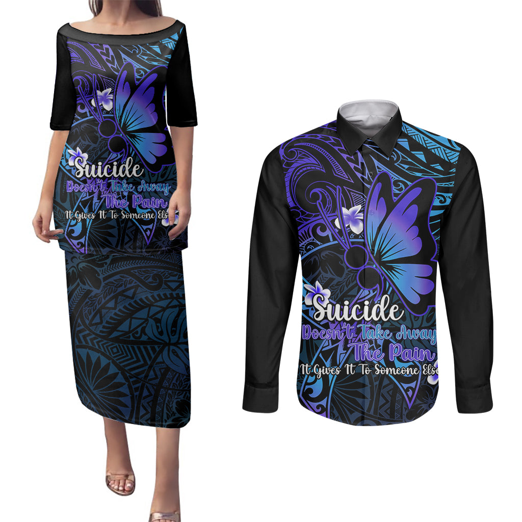 Polynesia Suicide Prevention Awareness Couples Matching Puletasi Dress and Long Sleeve Button Shirts Your Life Is Worth Living For Polynesian Blue Pattern LT14 Gold - Polynesian Pride