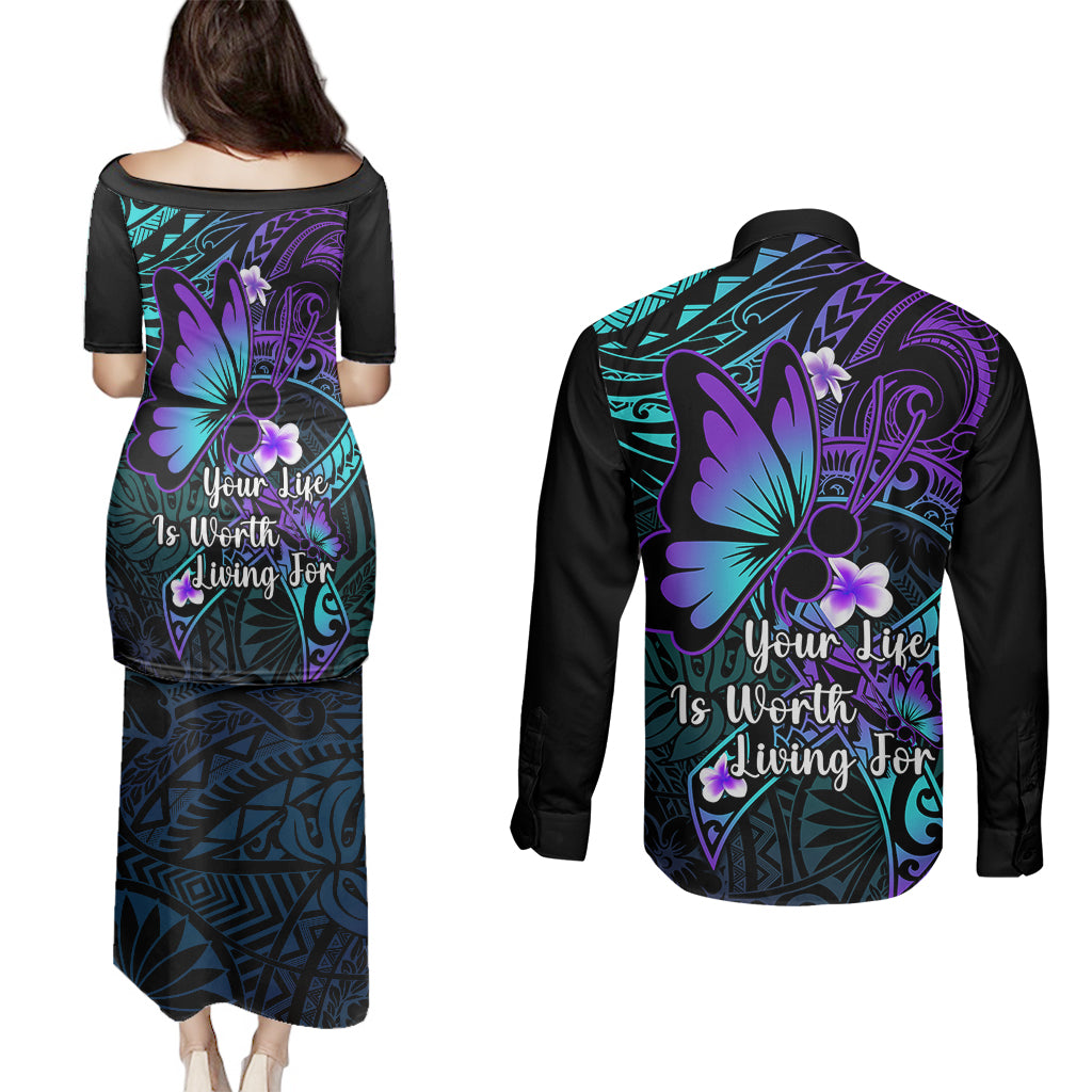 Polynesia Suicide Prevention Awareness Couples Matching Puletasi Dress and Long Sleeve Button Shirts Your Life Is Worth Living For Polynesian Blue Pattern LT14 - Polynesian Pride