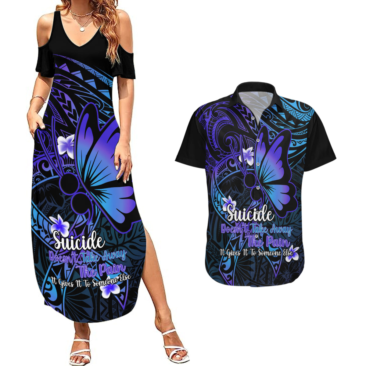 Polynesia Suicide Prevention Awareness Couples Matching Summer Maxi Dress and Hawaiian Shirt Your Life Is Worth Living For Polynesian Blue Pattern LT14 Gold - Polynesian Pride