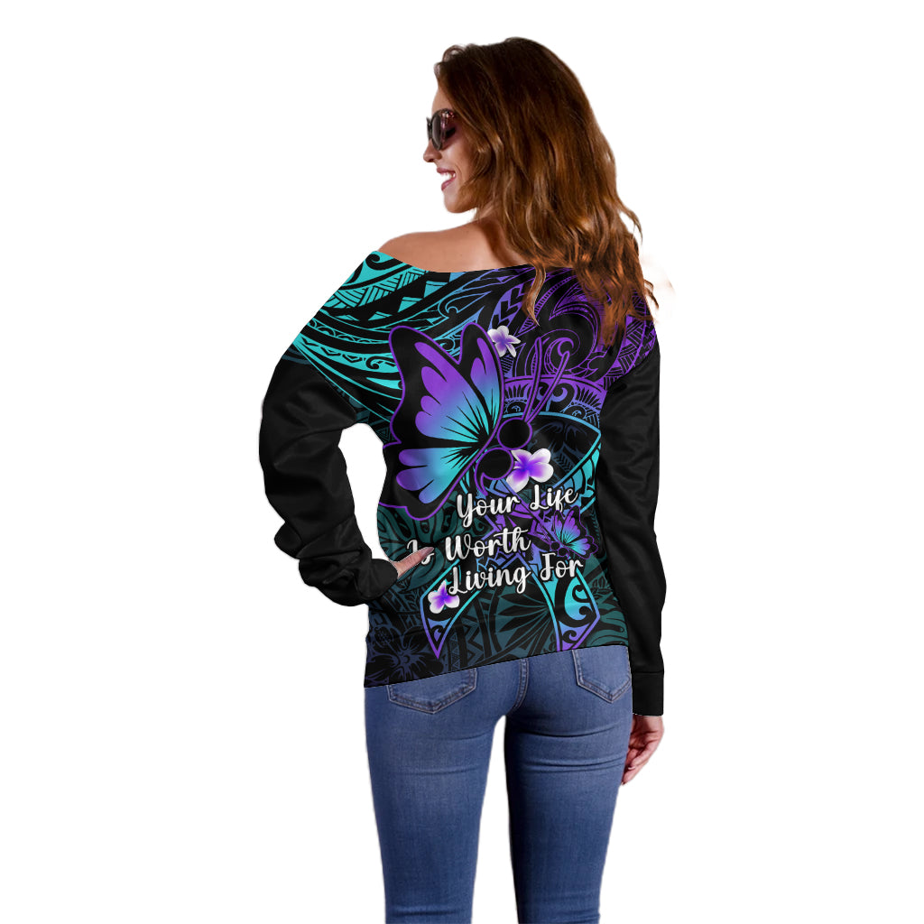 Polynesia Suicide Prevention Awareness Off Shoulder Sweater Your Life Is Worth Living For Polynesian Blue Pattern LT14 - Polynesian Pride