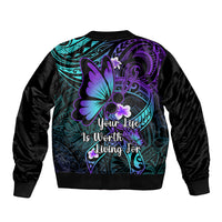 Polynesia Suicide Prevention Awareness Sleeve Zip Bomber Jacket Your Life Is Worth Living For Polynesian Blue Pattern LT14 - Polynesian Pride