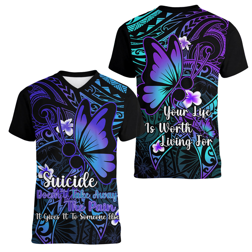 Polynesia Suicide Prevention Awareness Women V Neck T Shirt Your Life Is Worth Living For Polynesian Blue Pattern LT14 - Polynesian Pride