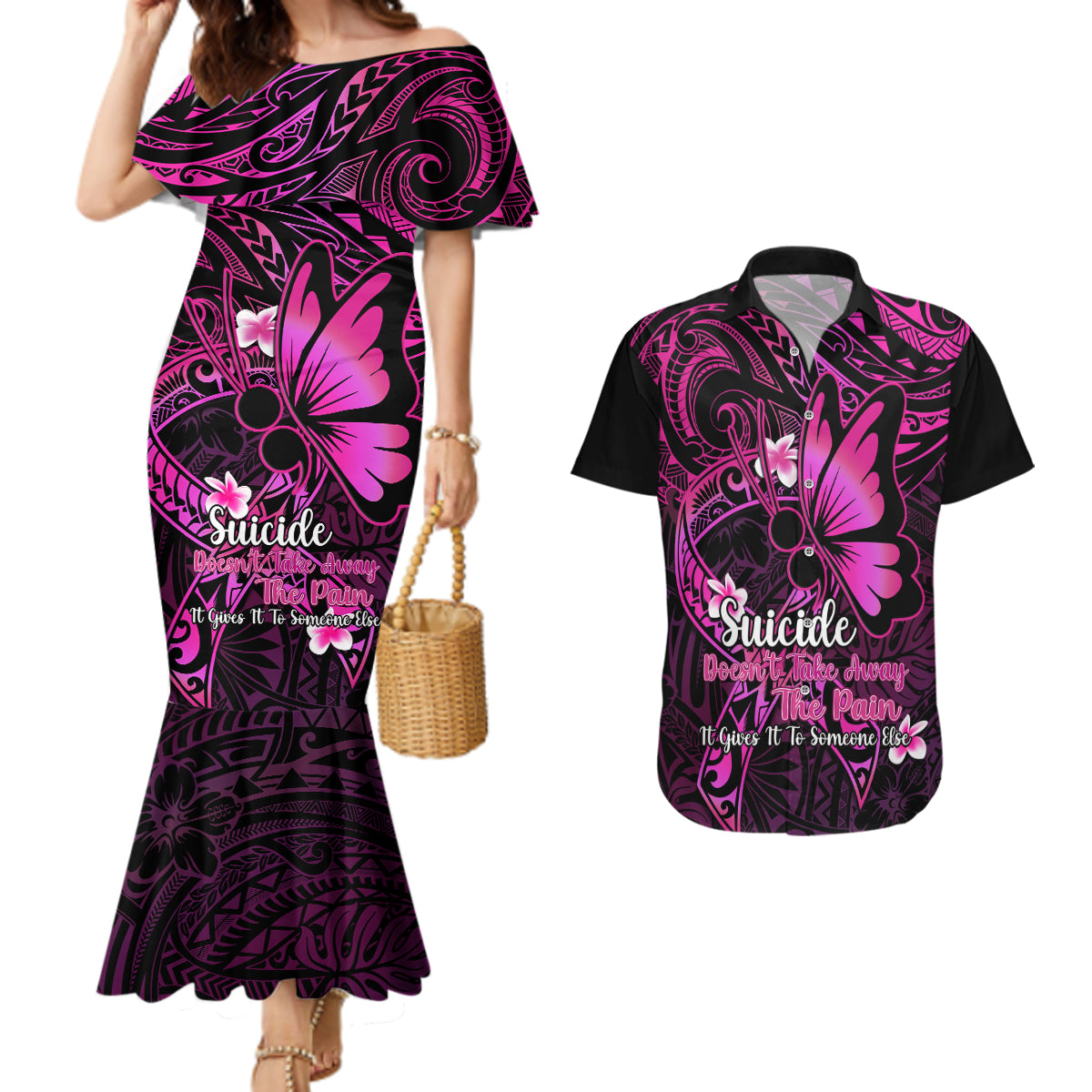 Polynesia Suicide Prevention Awareness Couples Matching Mermaid Dress and Hawaiian Shirt Your Life Is Worth Living For Polynesian Pink Pattern LT14 Pink - Polynesian Pride