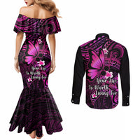 Polynesia Suicide Prevention Awareness Couples Matching Mermaid Dress and Long Sleeve Button Shirts Your Life Is Worth Living For Polynesian Pink Pattern LT14 - Polynesian Pride