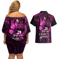 Polynesia Suicide Prevention Awareness Couples Matching Off Shoulder Short Dress and Hawaiian Shirt Your Life Is Worth Living For Polynesian Pink Pattern LT14 - Polynesian Pride