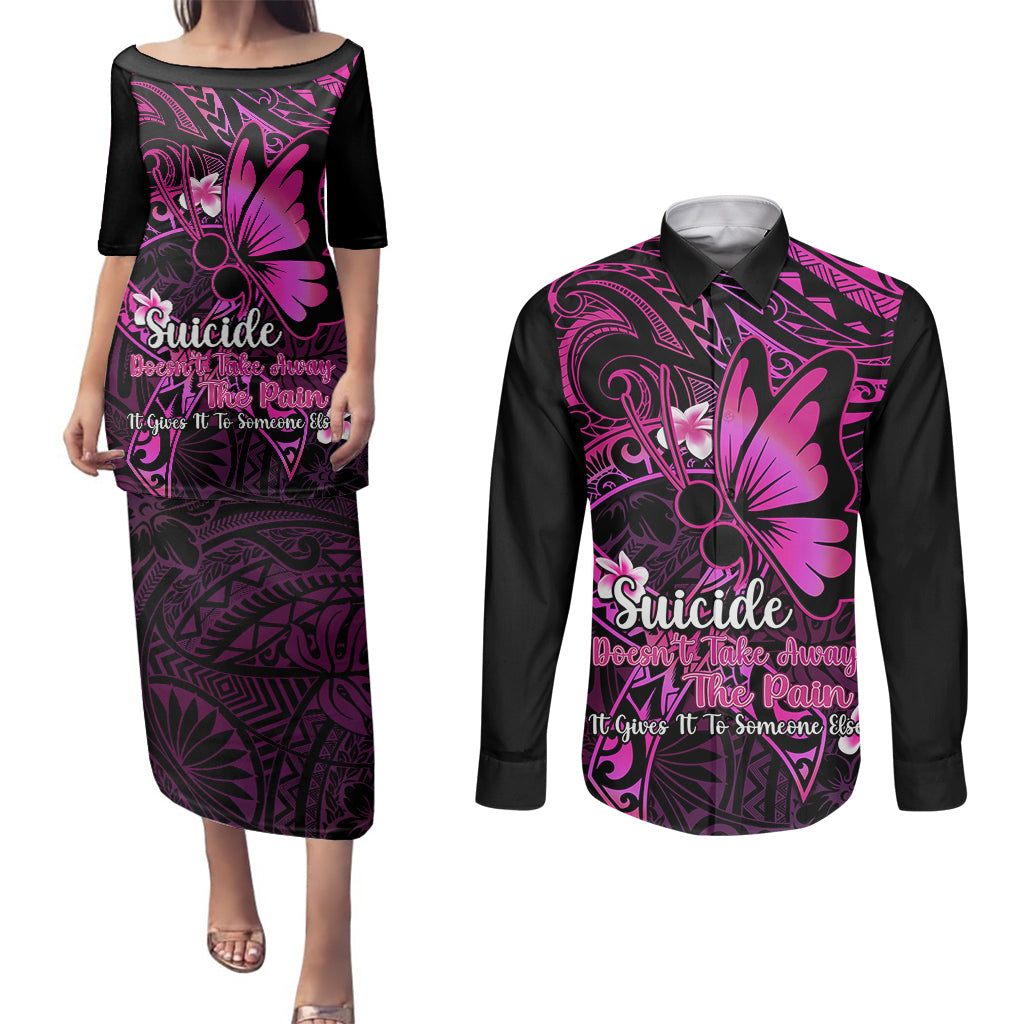 Polynesia Suicide Prevention Awareness Couples Matching Puletasi Dress and Long Sleeve Button Shirts Your Life Is Worth Living For Polynesian Pink Pattern LT14 Pink - Polynesian Pride