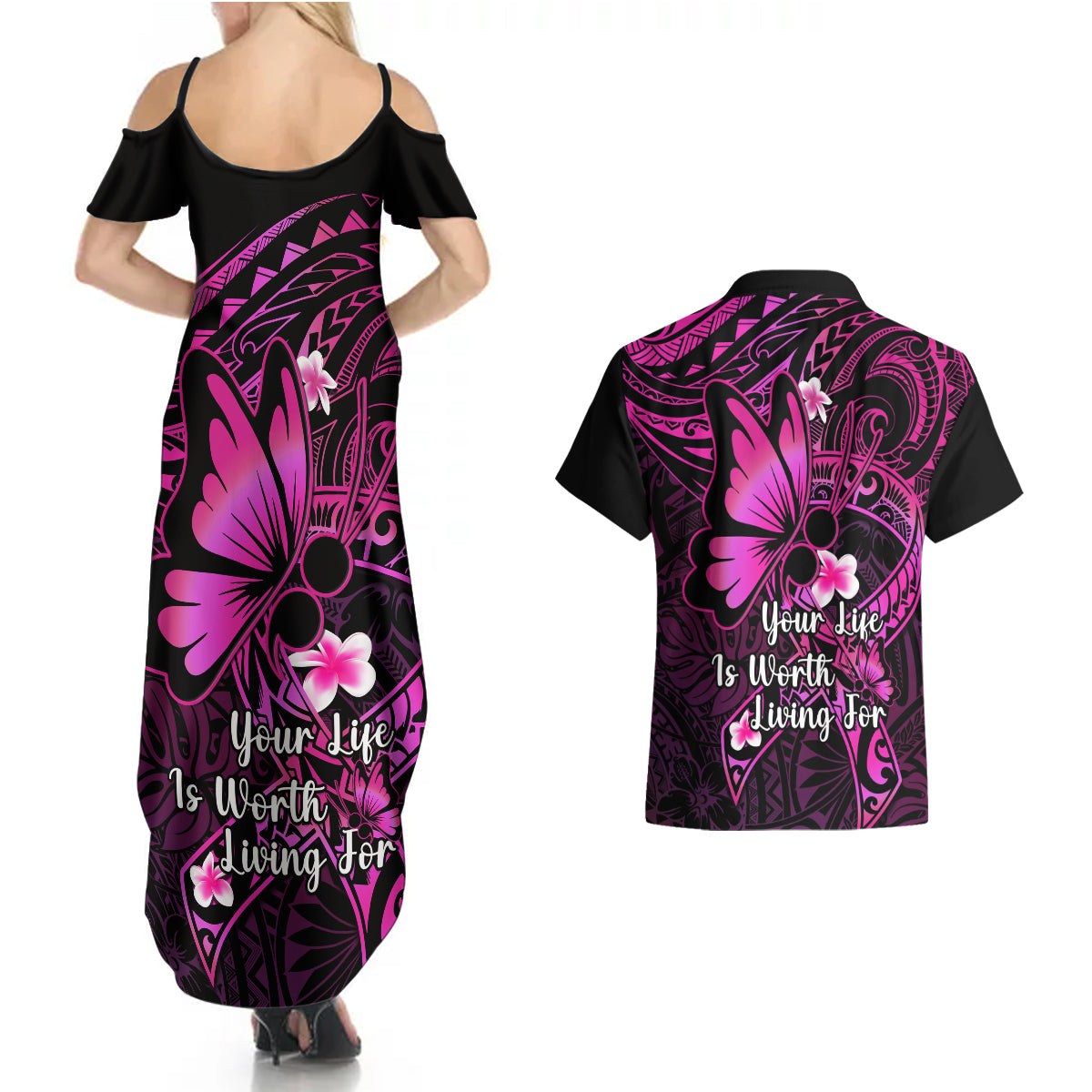Polynesia Suicide Prevention Awareness Couples Matching Summer Maxi Dress and Hawaiian Shirt Your Life Is Worth Living For Polynesian Pink Pattern LT14 - Polynesian Pride