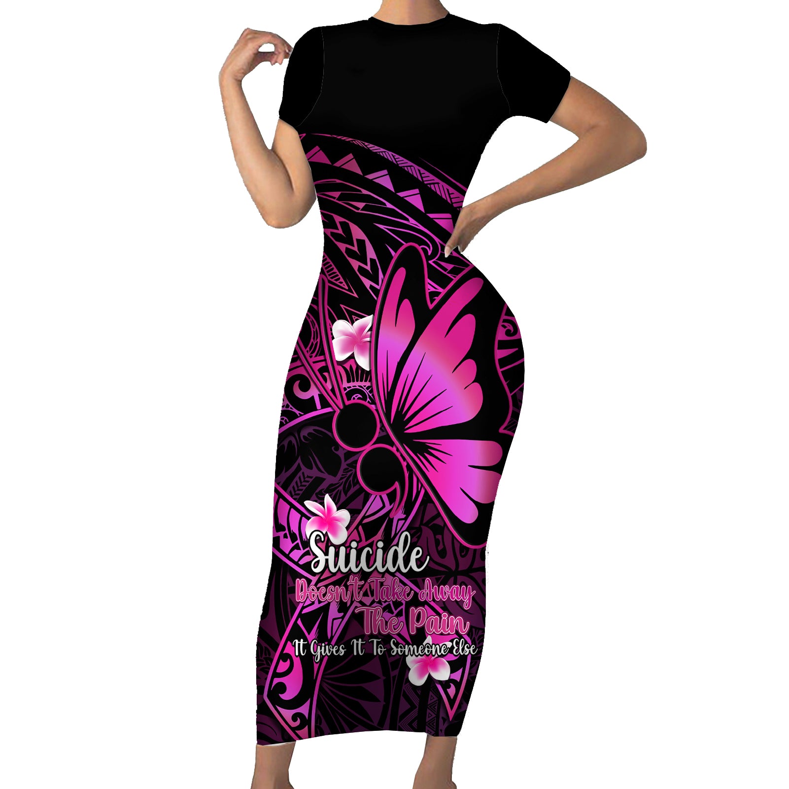 Polynesia Suicide Prevention Awareness Short Sleeve Bodycon Dress Your Life Is Worth Living For Polynesian Pink Pattern LT14 Long Dress Pink - Polynesian Pride