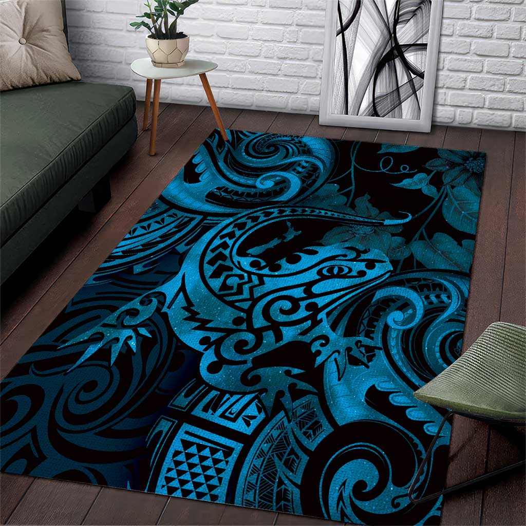 New Zealand Tuatara Area Rug Aotearoa Maori Clematis Flowers - Blue