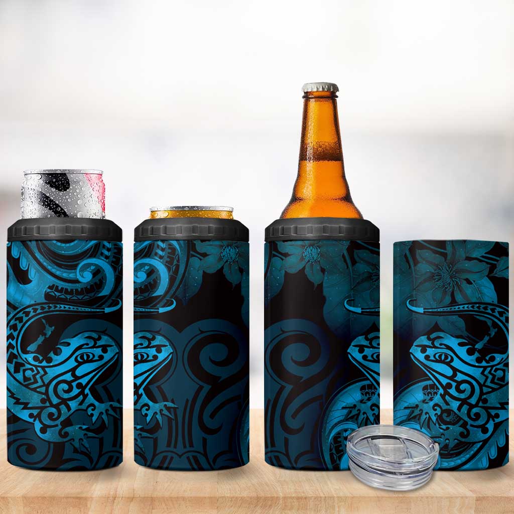 New Zealand Tuatara 4 in 1 Can Cooler Tumbler Aotearoa Maori Clematis Flowers - Blue