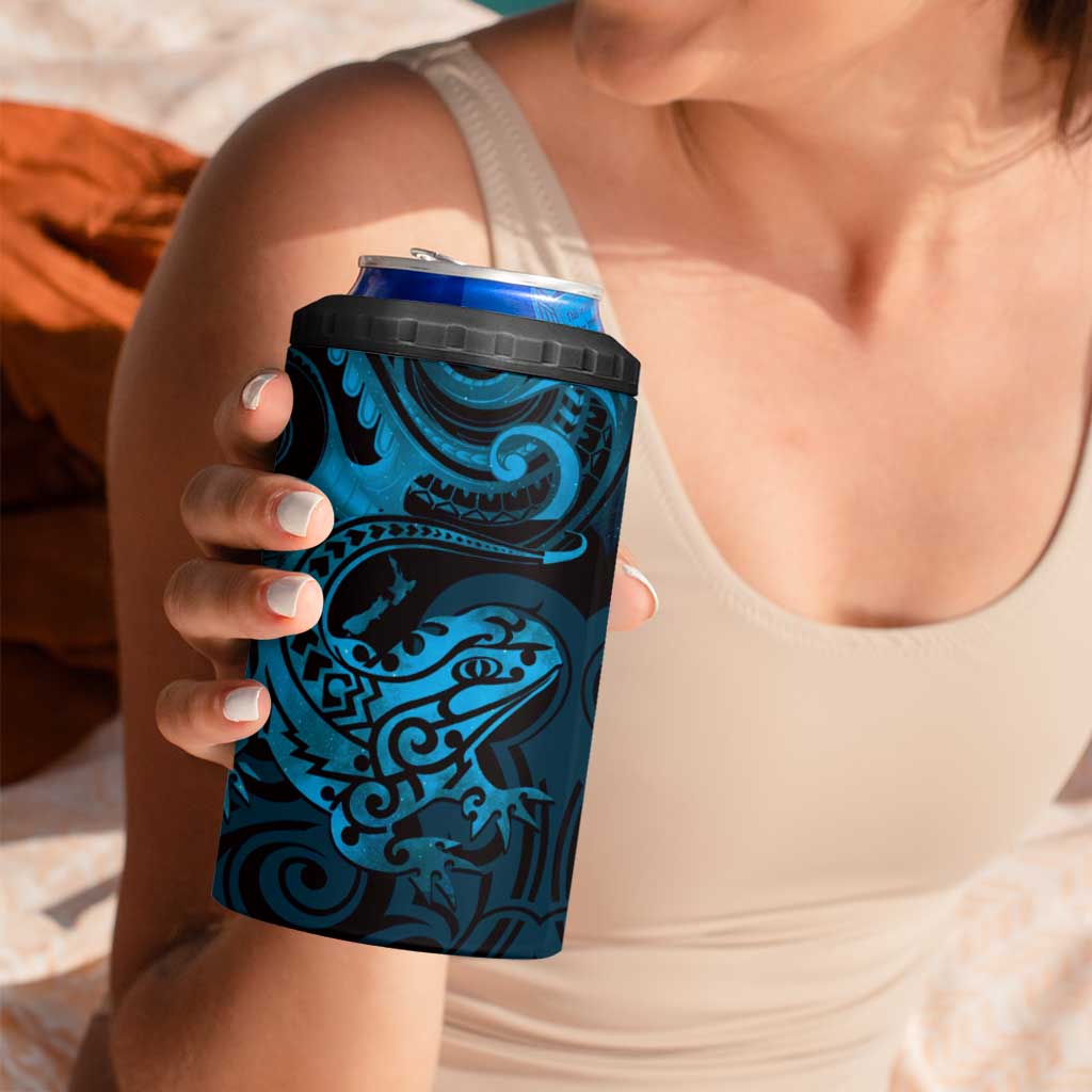 New Zealand Tuatara 4 in 1 Can Cooler Tumbler Aotearoa Maori Clematis Flowers - Blue