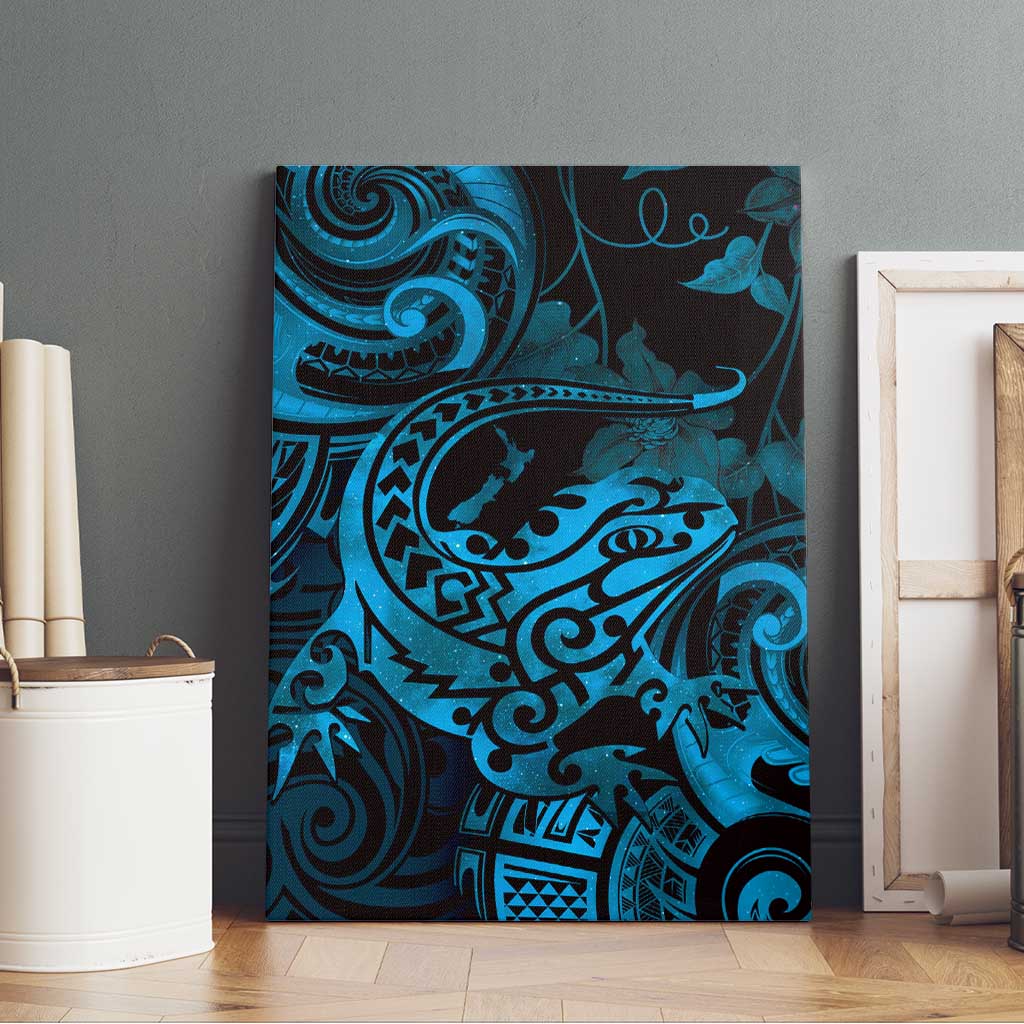 New Zealand Tuatara Canvas Wall Art Aotearoa Maori Clematis Flowers - Blue