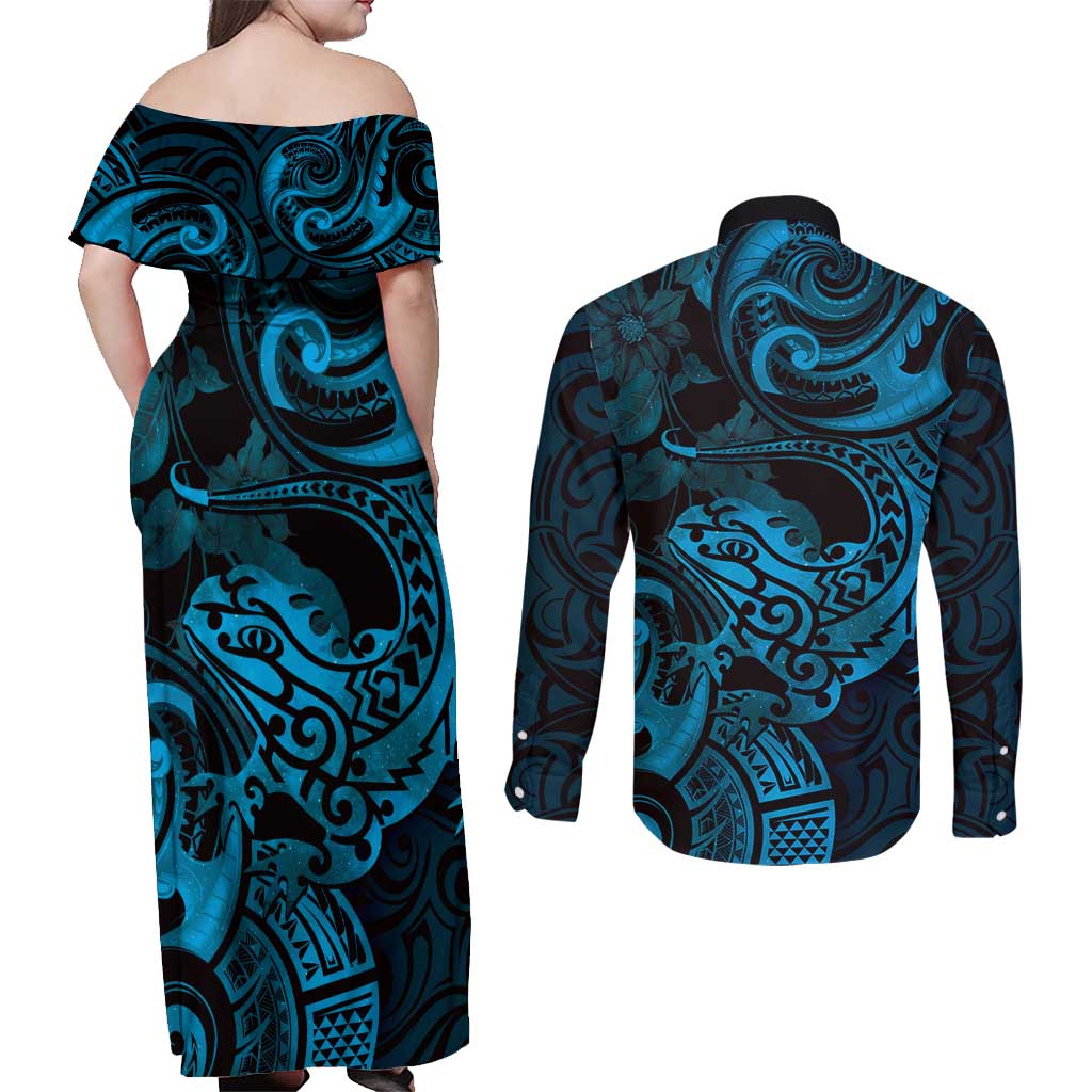 New Zealand Tuatara Couples Matching Off Shoulder Maxi Dress and Long Sleeve Button Shirt Aotearoa Maori Clematis Flowers - Blue