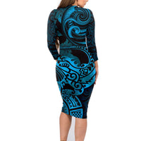 New Zealand Tuatara Family Matching Long Sleeve Bodycon Dress and Hawaiian Shirt Aotearoa Maori Clematis Flowers - Blue