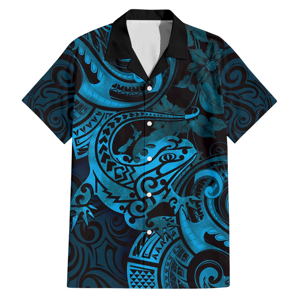 New Zealand Tuatara Family Matching Mermaid Dress and Hawaiian Shirt Aotearoa Maori Clematis Flowers - Blue LT14 Dad's Shirt - Short Sleeve Blue - Polynesian Pride