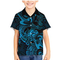 New Zealand Tuatara Family Matching Mermaid Dress and Hawaiian Shirt Aotearoa Maori Clematis Flowers - Blue LT14 Son's Shirt Blue - Polynesian Pride