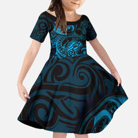 New Zealand Tuatara Family Matching Off Shoulder Maxi Dress and Hawaiian Shirt Aotearoa Maori Clematis Flowers - Blue LT14 Daughter's Dress Blue - Polynesian Pride