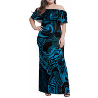 New Zealand Tuatara Family Matching Off Shoulder Maxi Dress and Hawaiian Shirt Aotearoa Maori Clematis Flowers - Blue LT14 Mom's Dress Blue - Polynesian Pride