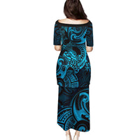 New Zealand Tuatara Family Matching Puletasi and Hawaiian Shirt Aotearoa Maori Clematis Flowers - Blue LT14 - Polynesian Pride