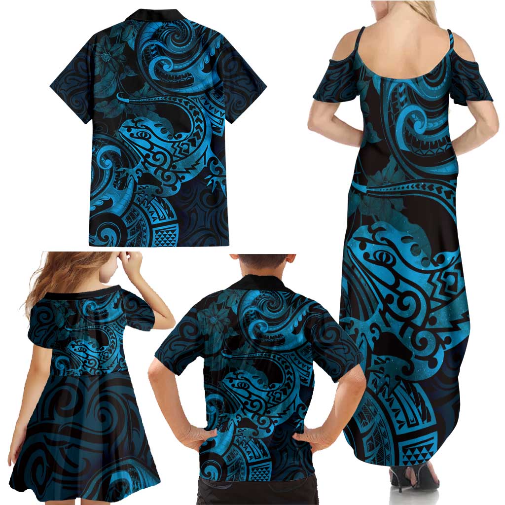 New Zealand Tuatara Family Matching Summer Maxi Dress and Hawaiian Shirt Aotearoa Maori Clematis Flowers - Blue LT14 - Polynesian Pride