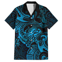 New Zealand Tuatara Family Matching Summer Maxi Dress and Hawaiian Shirt Aotearoa Maori Clematis Flowers - Blue LT14 Dad's Shirt - Short Sleeve Blue - Polynesian Pride