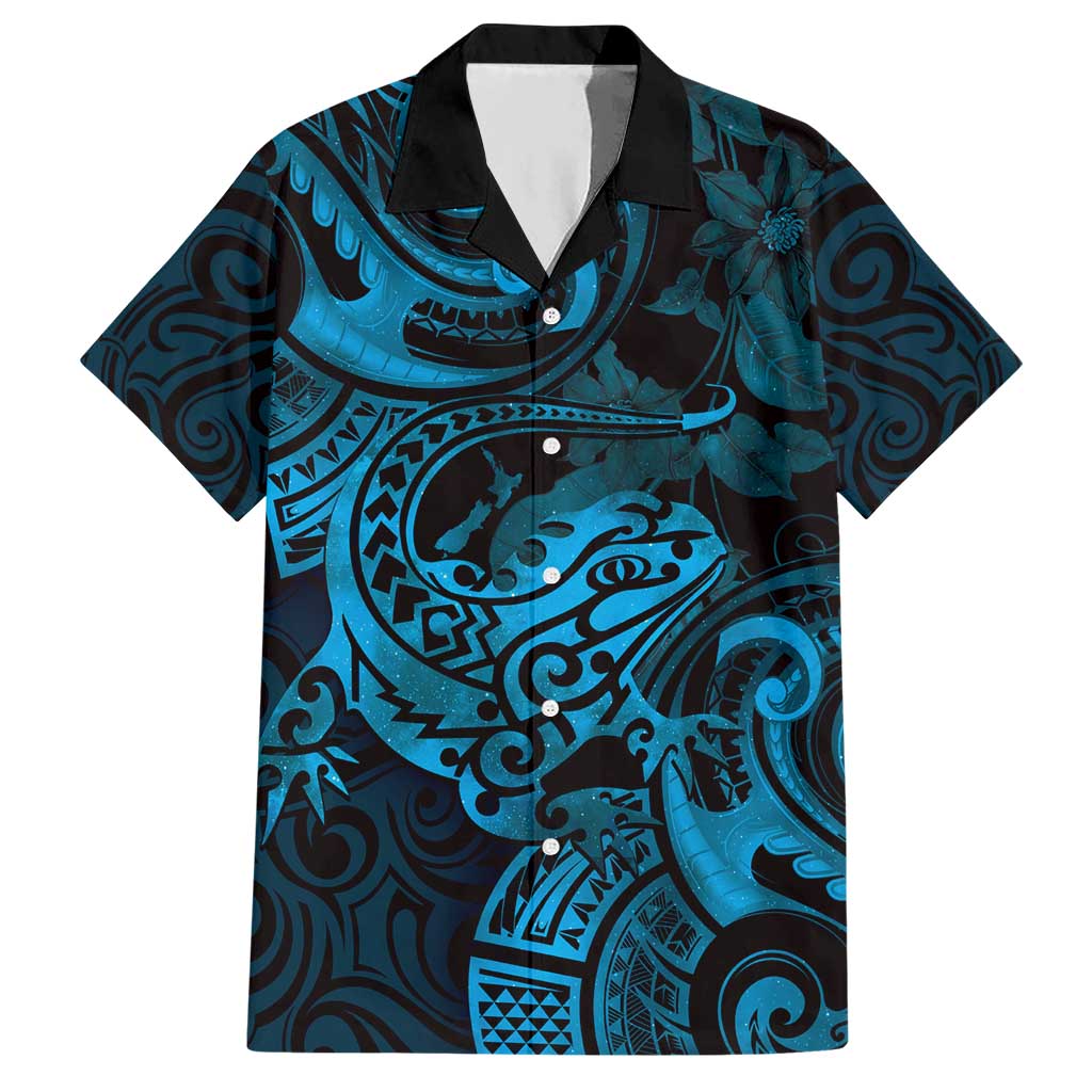 New Zealand Tuatara Hawaiian Shirt Aotearoa Maori Clematis Flowers - Blue LT14 Blue - Polynesian Pride