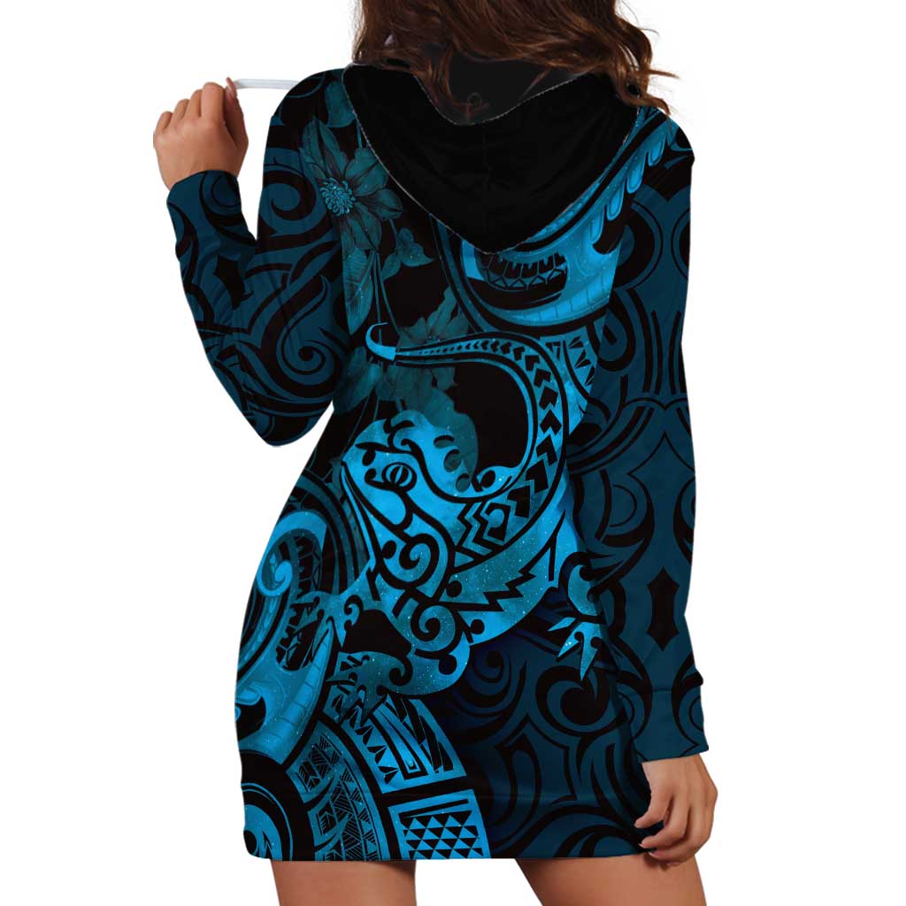 New Zealand Tuatara Hoodie Dress Aotearoa Maori Clematis Flowers - Blue