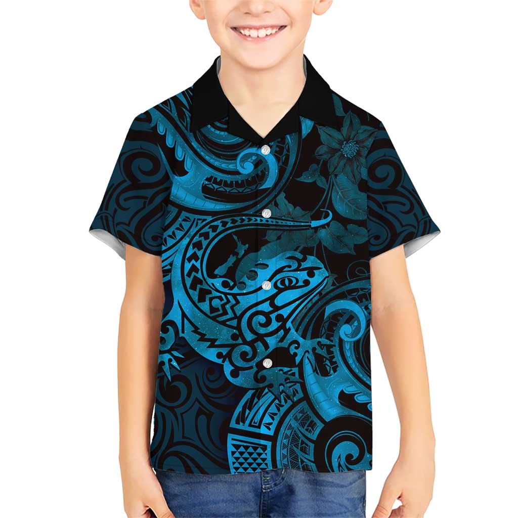 New Zealand Tuatara Kid Hawaiian Shirt Aotearoa Maori Clematis Flowers - Blue LT14 Kid Blue - Polynesian Pride