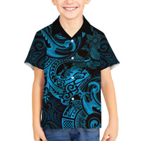 New Zealand Tuatara Kid Hawaiian Shirt Aotearoa Maori Clematis Flowers - Blue LT14 Kid Blue - Polynesian Pride