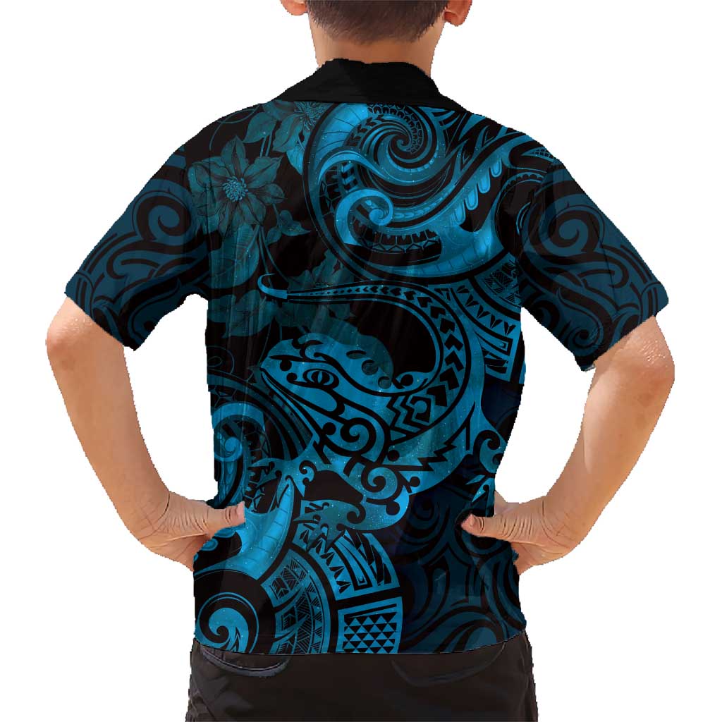 New Zealand Tuatara Kid Hawaiian Shirt Aotearoa Maori Clematis Flowers - Blue LT14 - Polynesian Pride