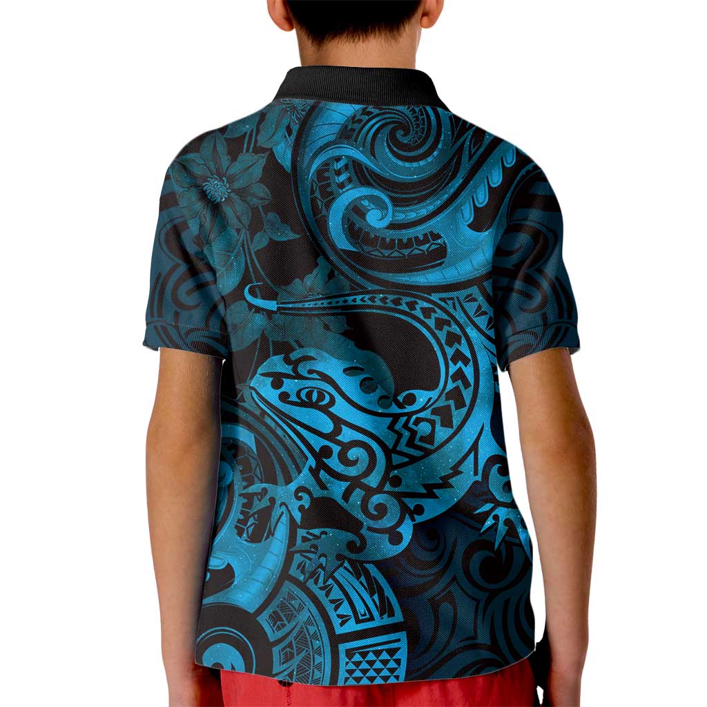 New Zealand Tuatara Kid Polo Shirt Aotearoa Maori Clematis Flowers - Blue LT14 - Polynesian Pride