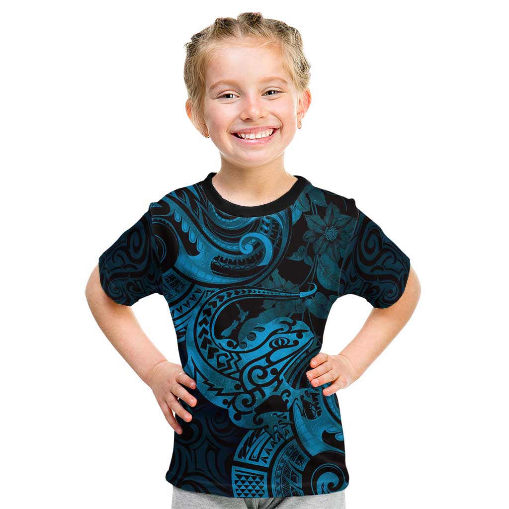 New Zealand Tuatara Kid T Shirt Aotearoa Maori Clematis Flowers - Blue LT14 Blue - Polynesian Pride
