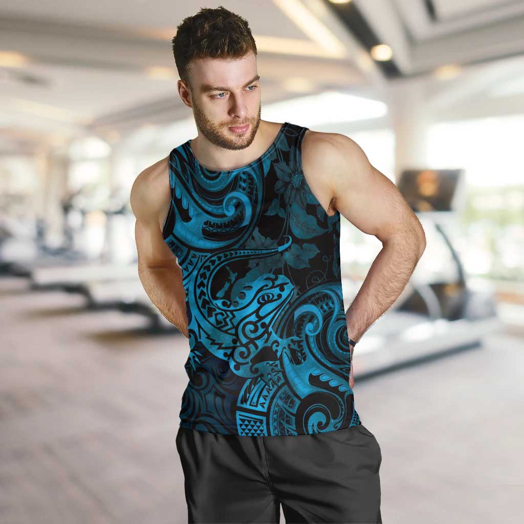 New Zealand Tuatara Men Tank Top Aotearoa Maori Clematis Flowers - Blue