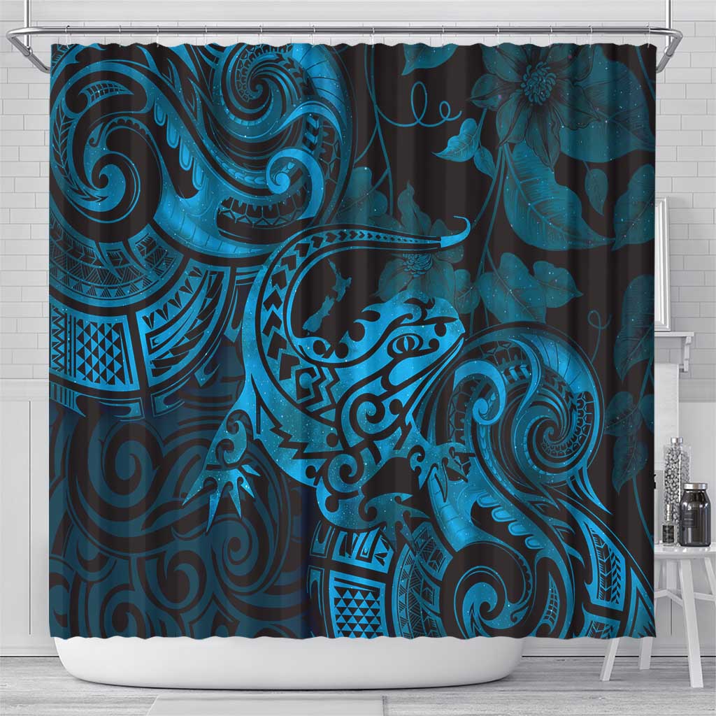 New Zealand Tuatara Shower Curtain Aotearoa Maori Clematis Flowers - Blue LT14 - Polynesian Pride