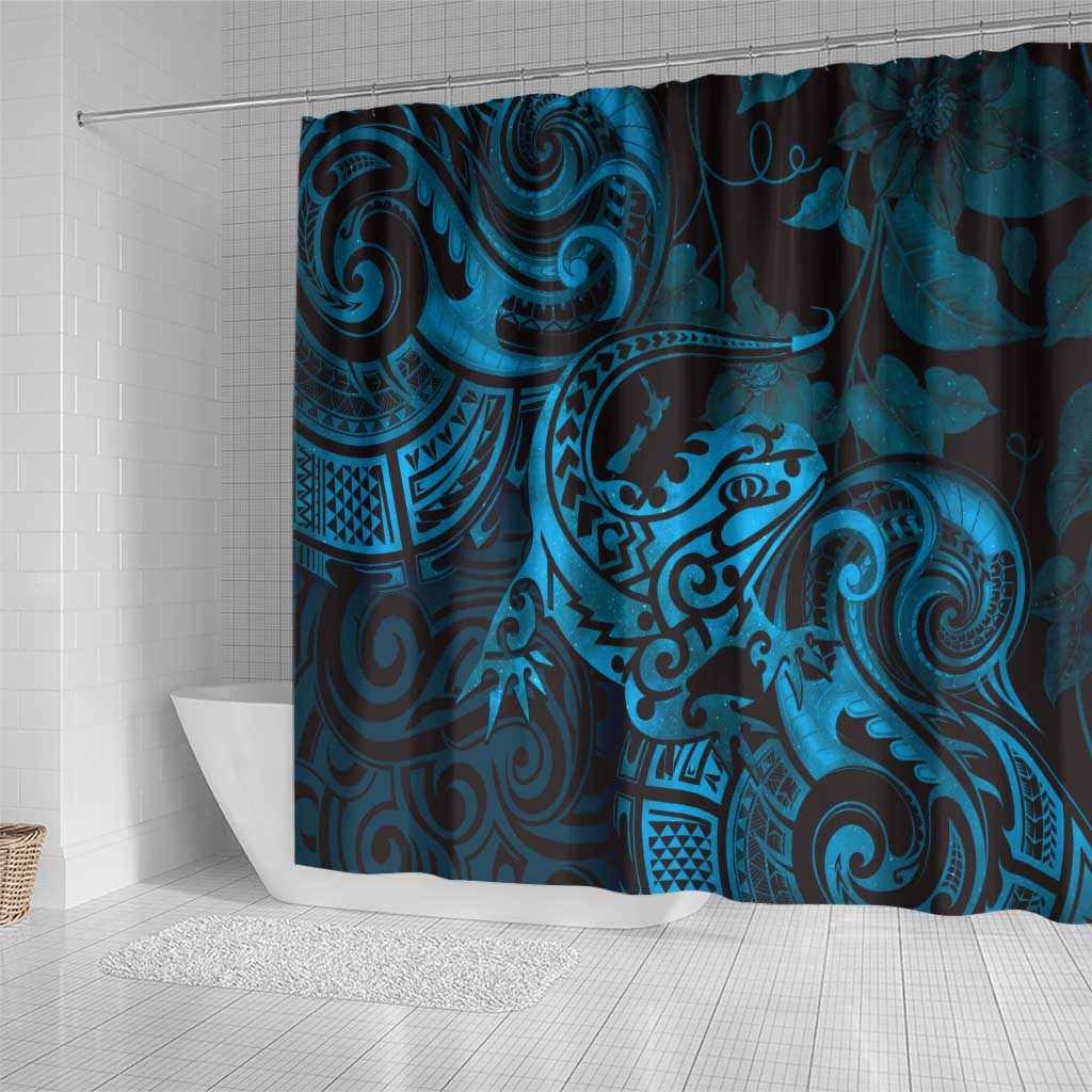 New Zealand Tuatara Shower Curtain Aotearoa Maori Clematis Flowers - Blue LT14 - Polynesian Pride