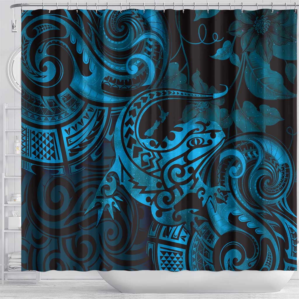 New Zealand Tuatara Shower Curtain Aotearoa Maori Clematis Flowers - Blue LT14 - Polynesian Pride