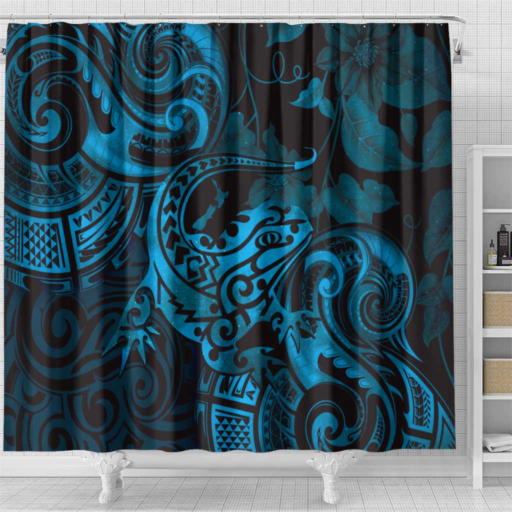 New Zealand Tuatara Shower Curtain Aotearoa Maori Clematis Flowers - Blue LT14 - Polynesian Pride