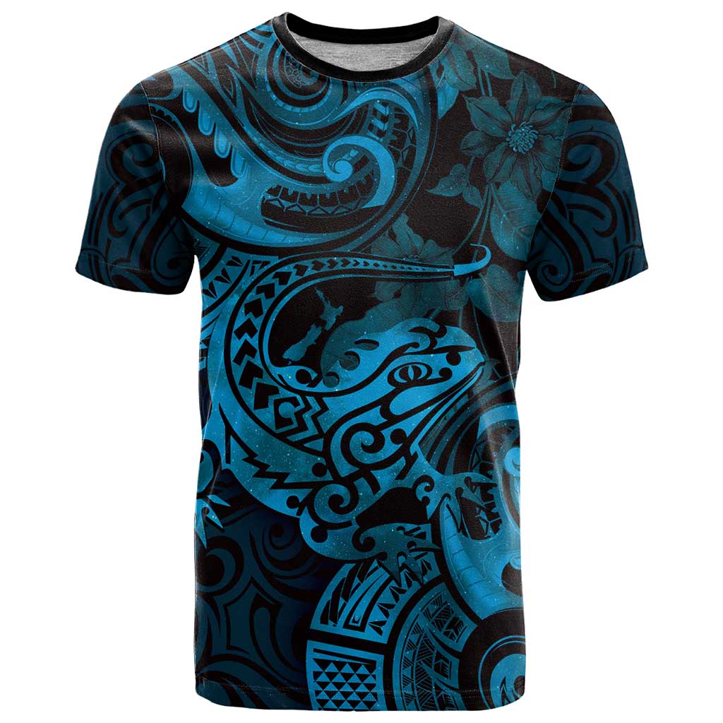 New Zealand Tuatara T Shirt Aotearoa Maori Clematis Flowers - Blue LT14 Blue - Polynesian Pride