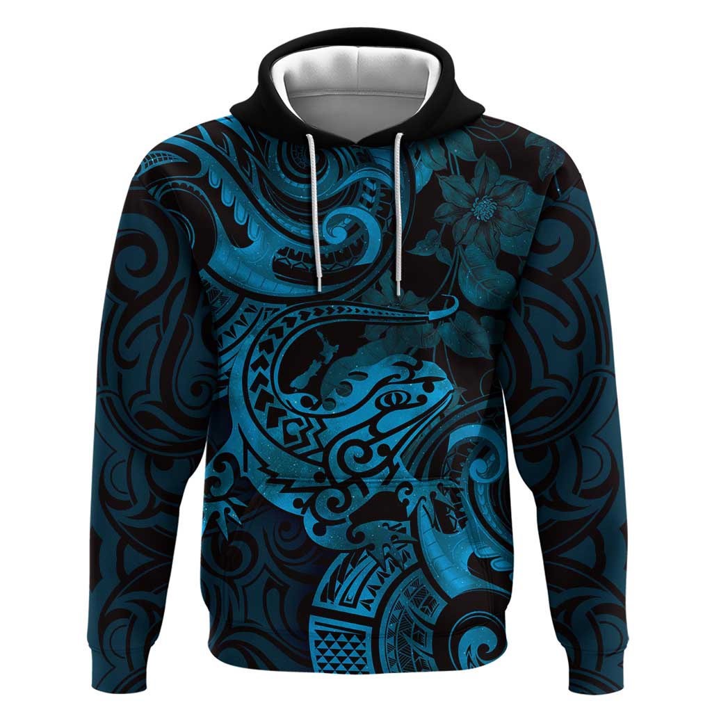 New Zealand Tuatara Zip Hoodie Aotearoa Maori Clematis Flowers - Blue