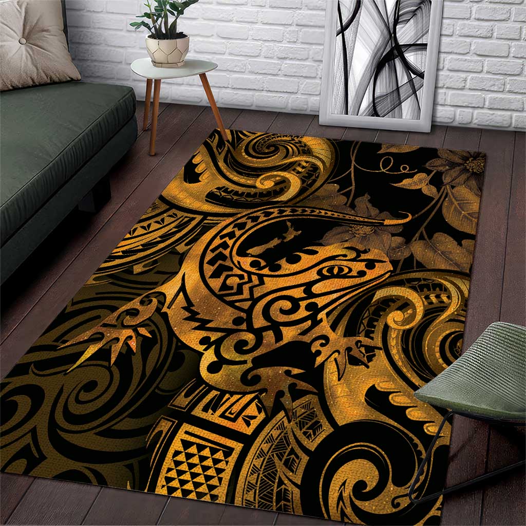 New Zealand Tuatara Area Rug Aotearoa Maori Clematis Flowers - Gold